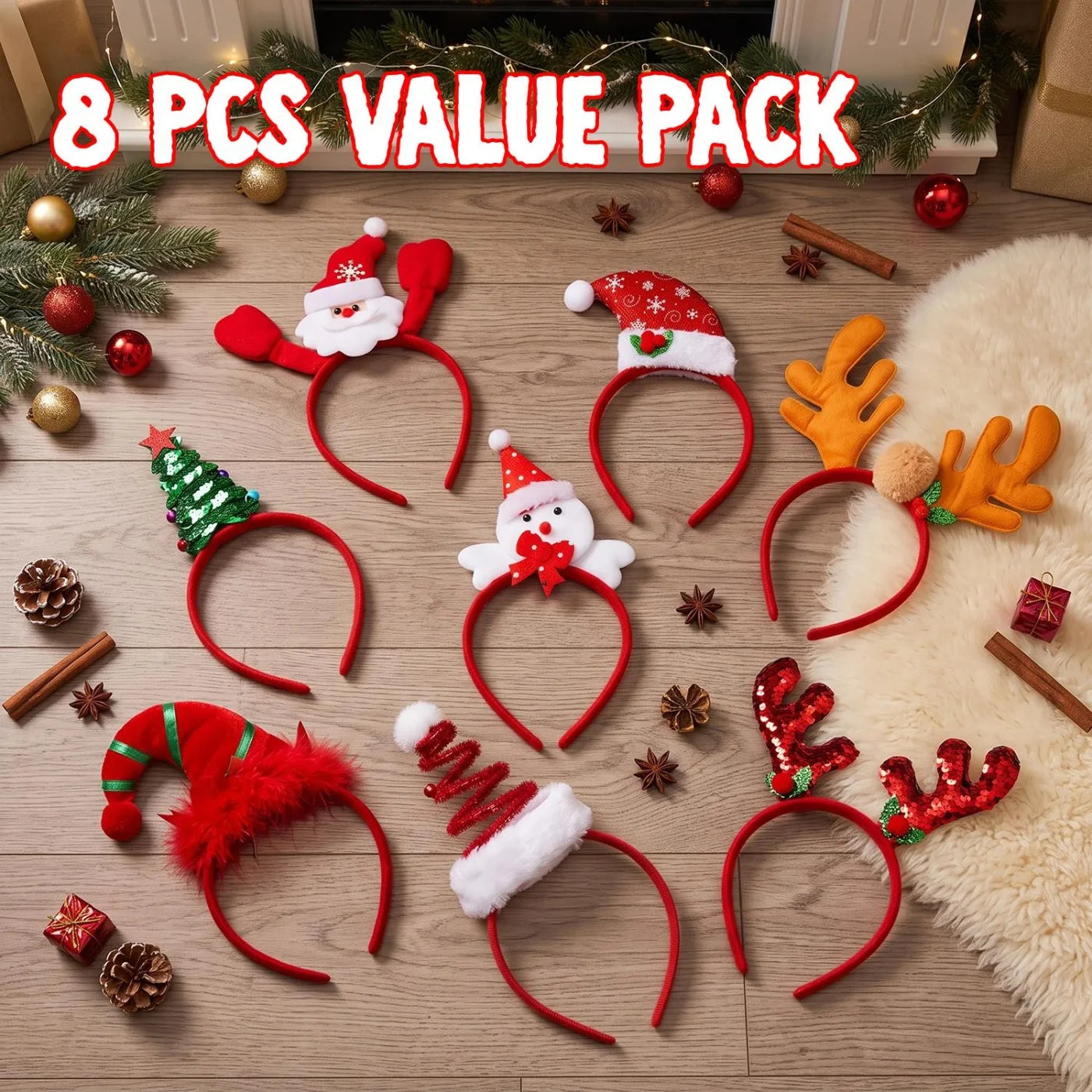 Joyfy Christmas Headband Set — 8 Piece Holiday Party Accessory Kit