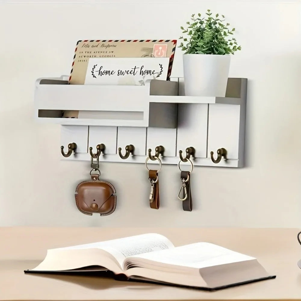 Wooden Wall Mount Key Holder — 6 Hook Organizer with Mail Sorter & Shelf