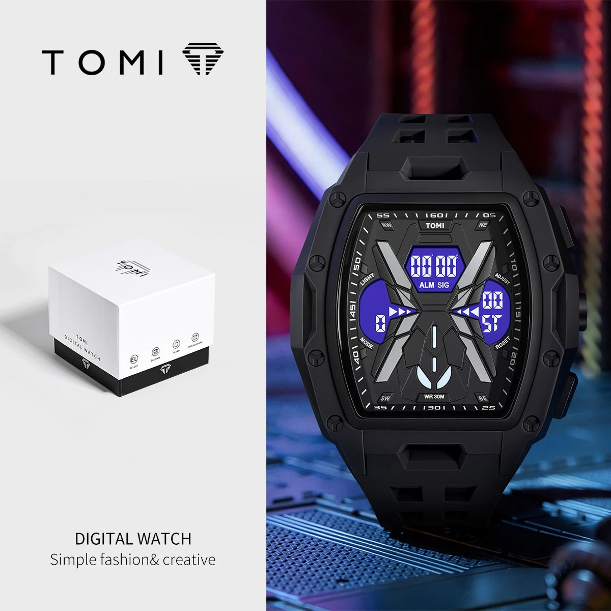 TOMI Men's Mecha Style Digital Watch — Breathable Silicone Sports Wristwatch