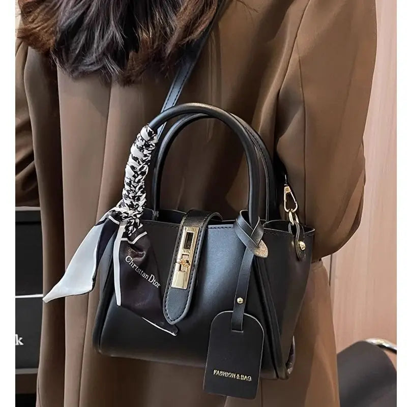Elegant Leather Top Handle Handbag — Versatile Shoulder Purse with Silk Scarf