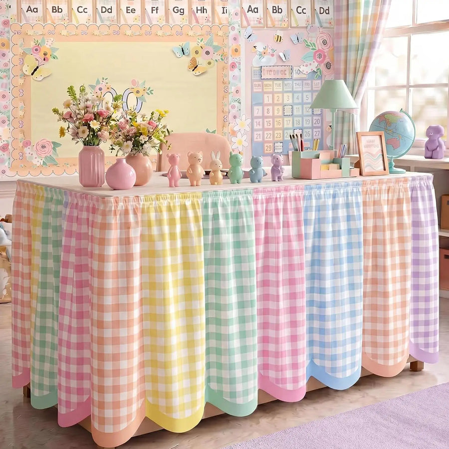 Ruffled Checkered Desk Skirt — Classroom Tablecloth Decor for Teachers
