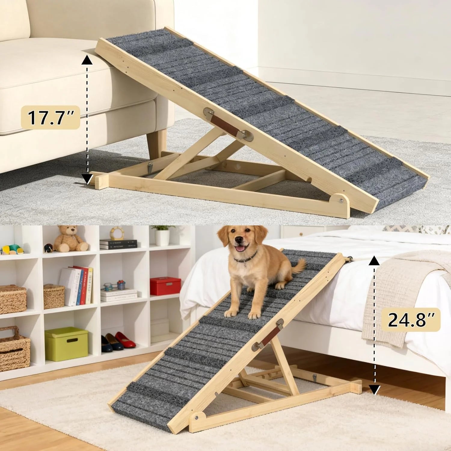 EVOKEDEN Adjustable Pet Ramp — Solid Wood Folding Dog Stairs for Bed & Sofa