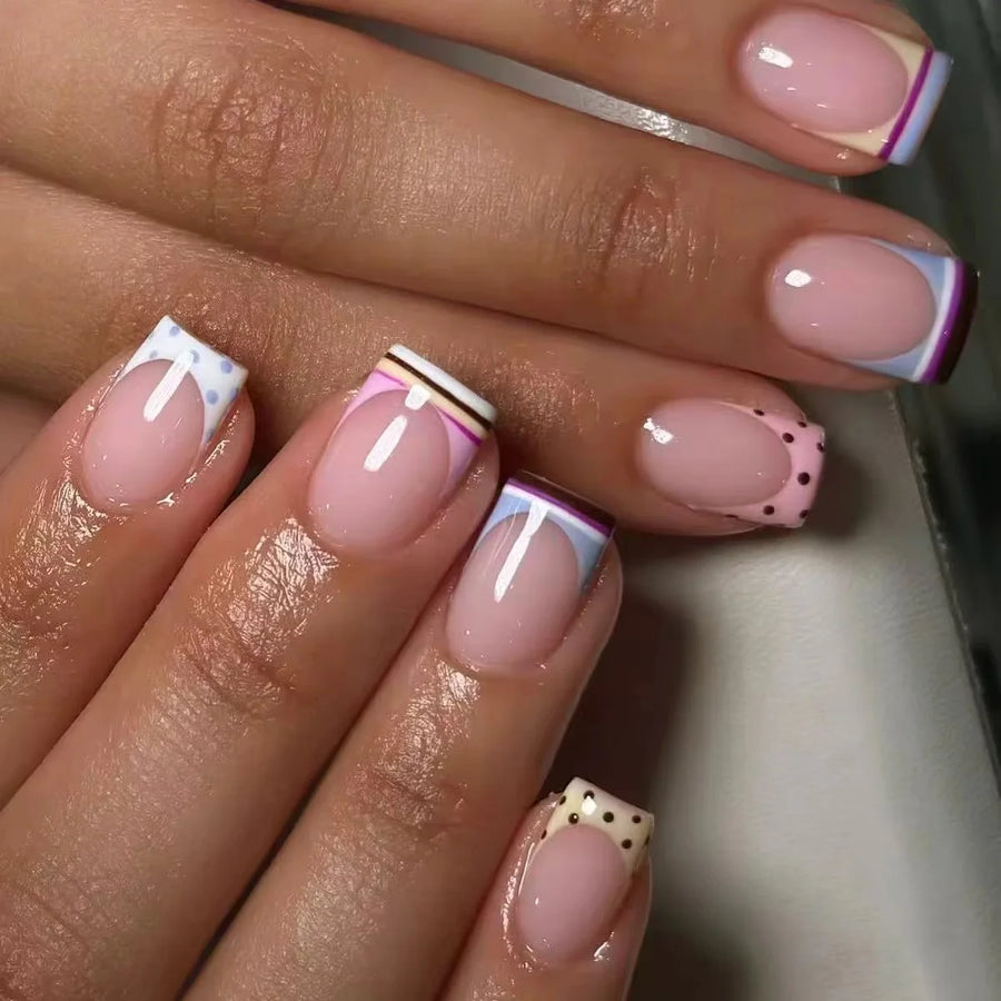 Nude French Press On Nails — Short Square Polka Dot & Stripe Set