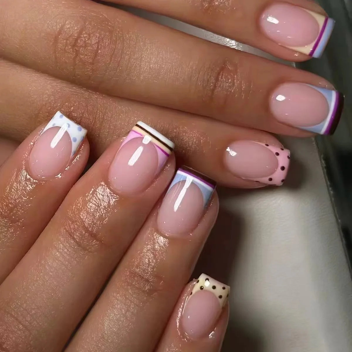 Nude French Press On Nails — Short Square Polka Dot & Stripe Set
