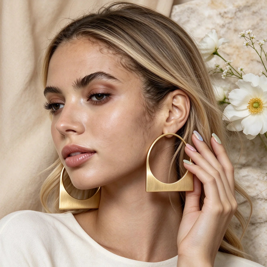 Obega Geometric Brushed Metal Hoop Earrings — Modern Square and Circle Drop Style