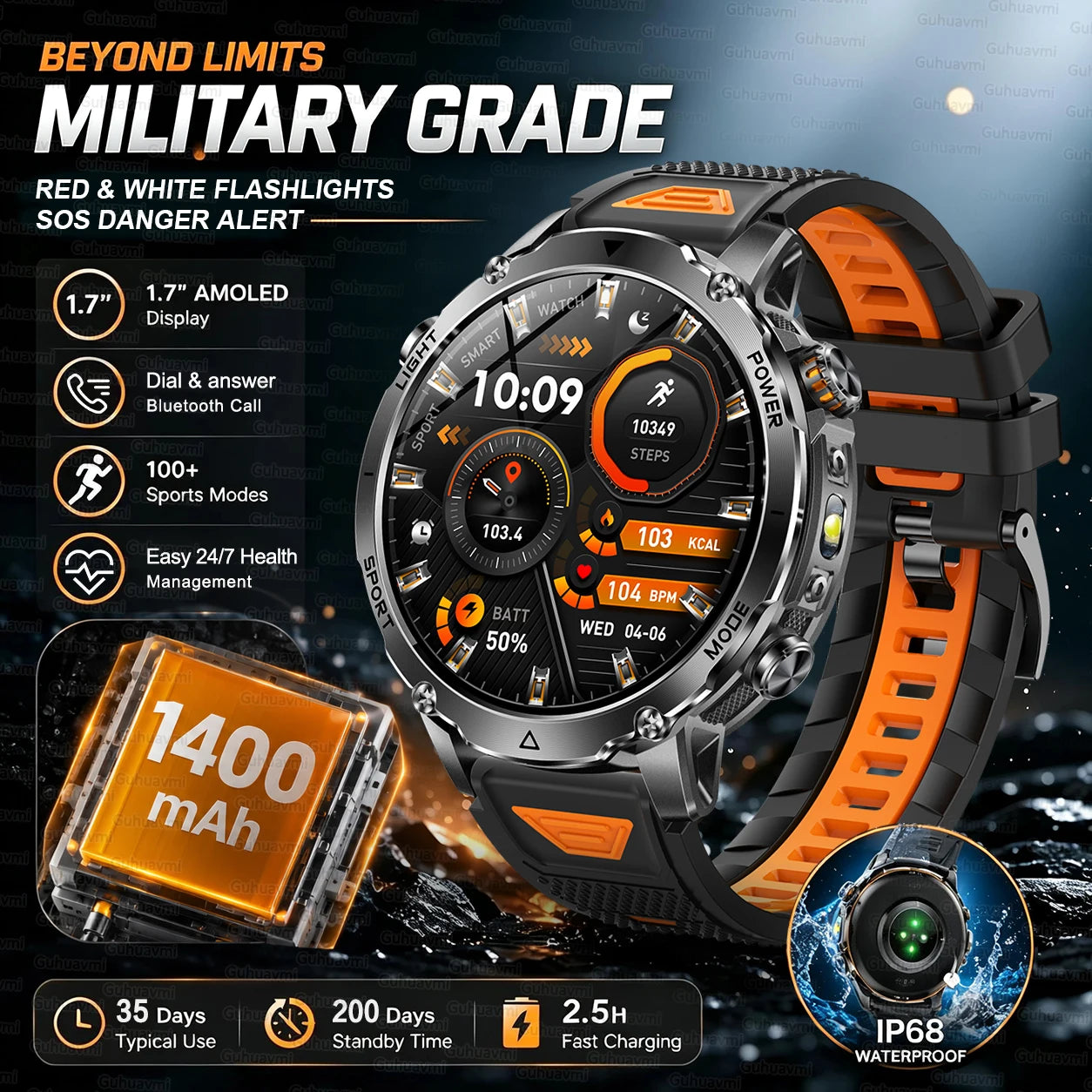 GUHUAVMI Military Smartwatch — 1400mAh Battery with GPS & Flashlight