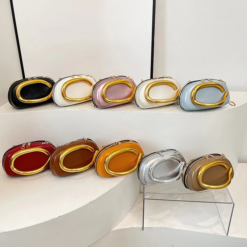 Elegant Round Evening Clutch — Metal Handle Crossbody Bag with Chain Strap