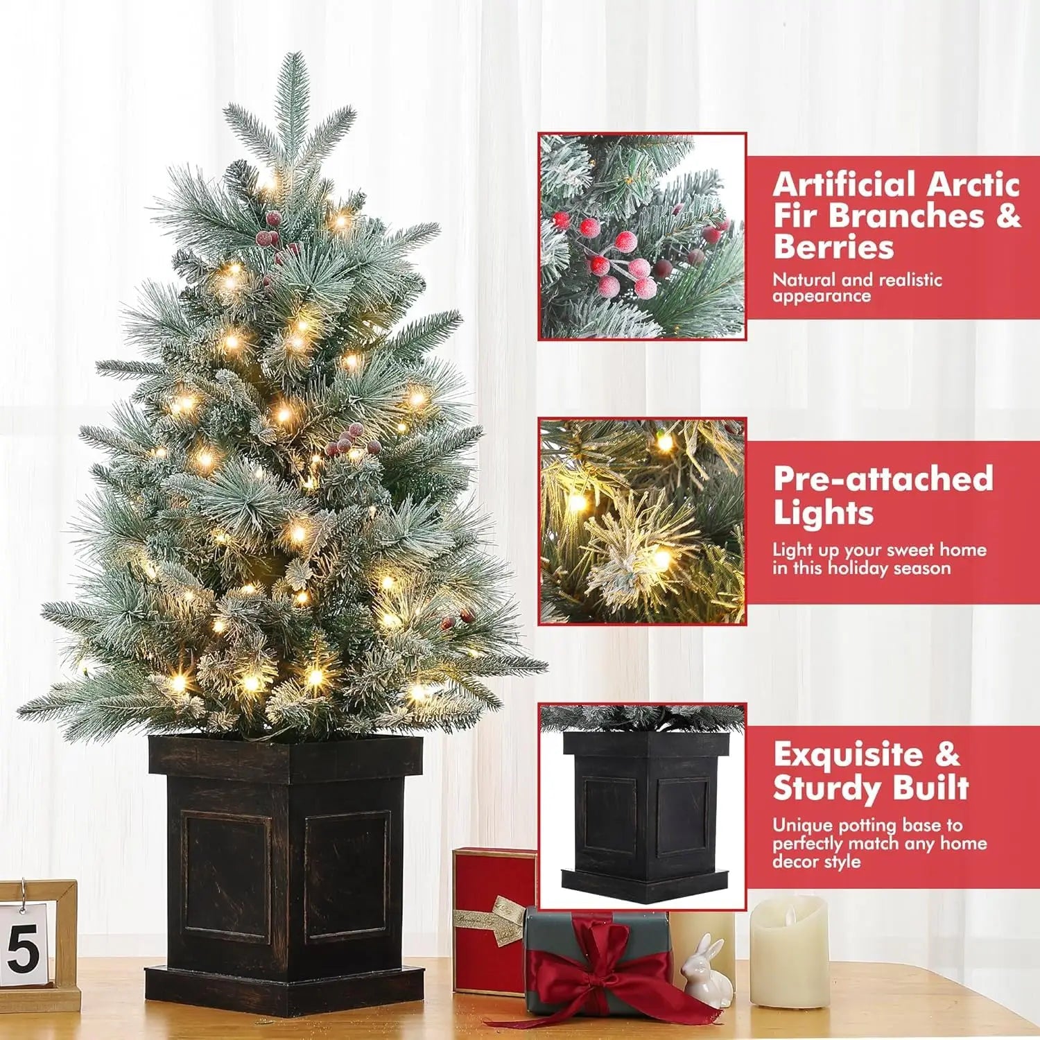 GAOMON 3ft Pre-Lit Snow Flocked Christmas Tree — Mini Tabletop Holiday Decor
