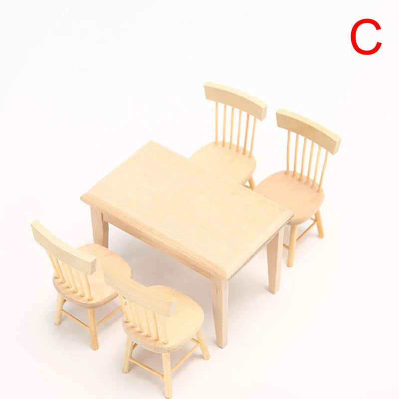 Miniature Dollhouse Dining Set — 1/12 Scale Wooden Table and Chair Decor