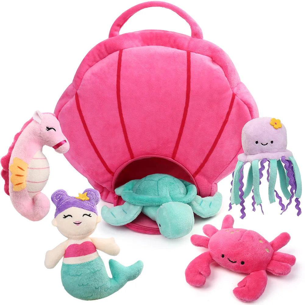 Ocean Sea Creature Plush Set — 5 Piece Stuffed Animal Collection with Shell Bag