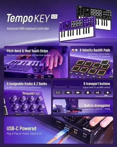 Synido Tempokey K25 MIDI Keyboard Controller — Compact Beat Maker for Music Production