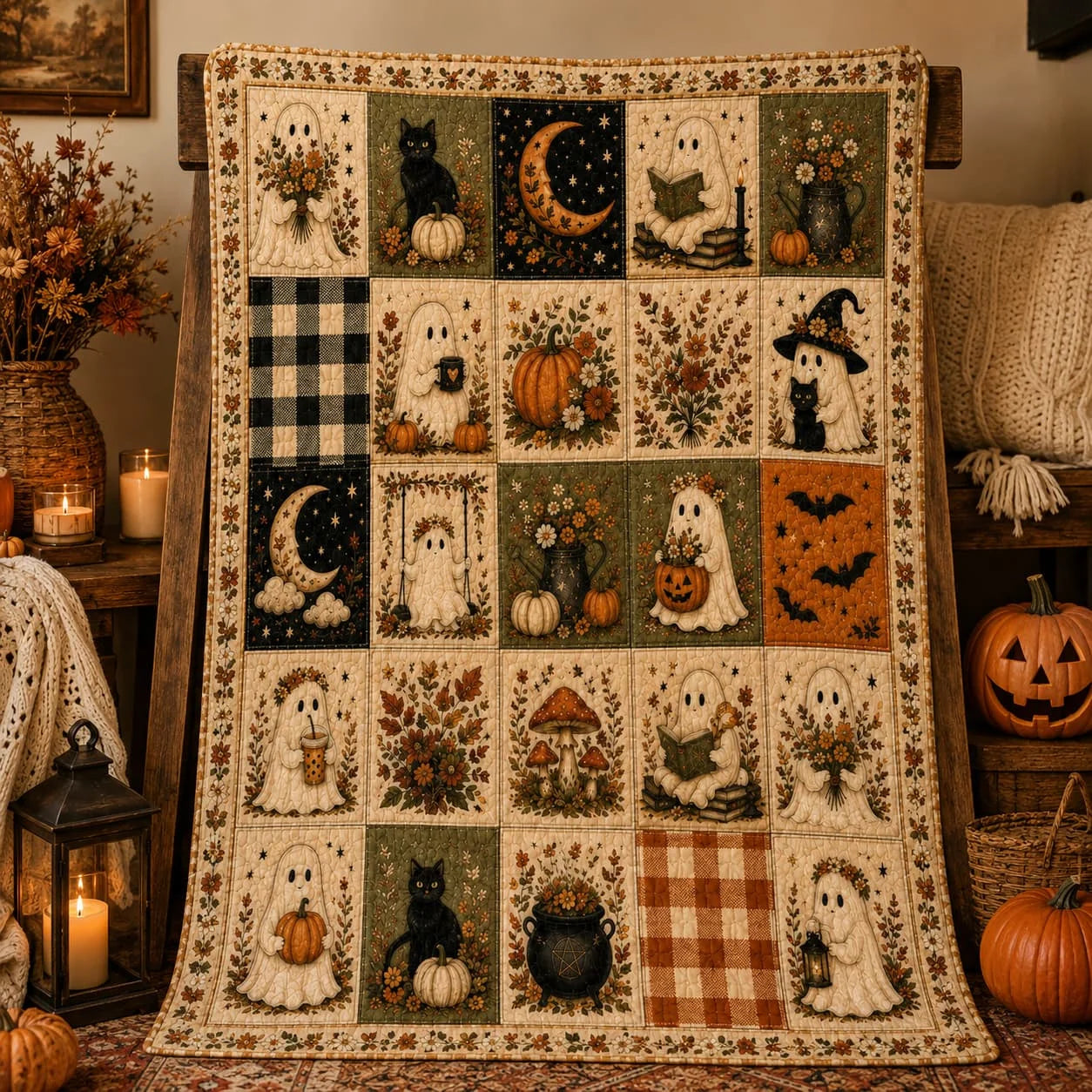 Halloween Ghost and Pumpkin Throw Blanket — Cozy Spooky Season Bedding