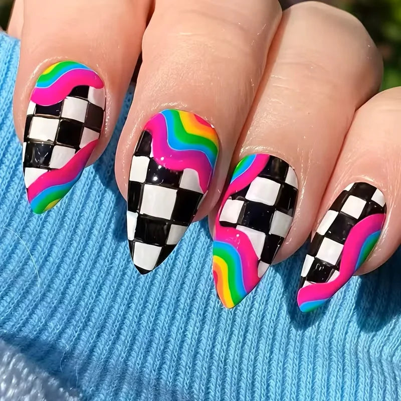 Stylebon Press-On Nails — Short Almond Checkerboard & Neon Design