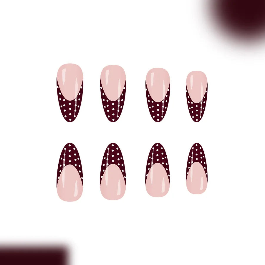 Red and White Polka Dot Press On Nails — Almond Shape Glossy Fake Nails