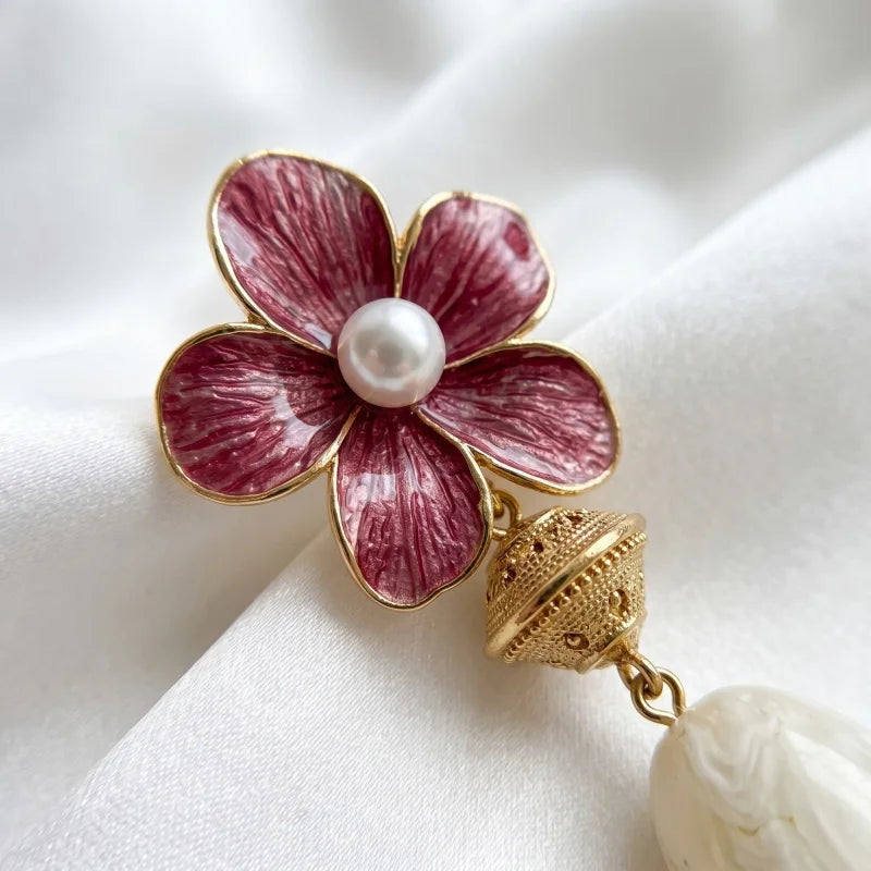 Obega Vintage Floral Enamel Drop Earrings — Romantic White Bead Dangle Jewelry