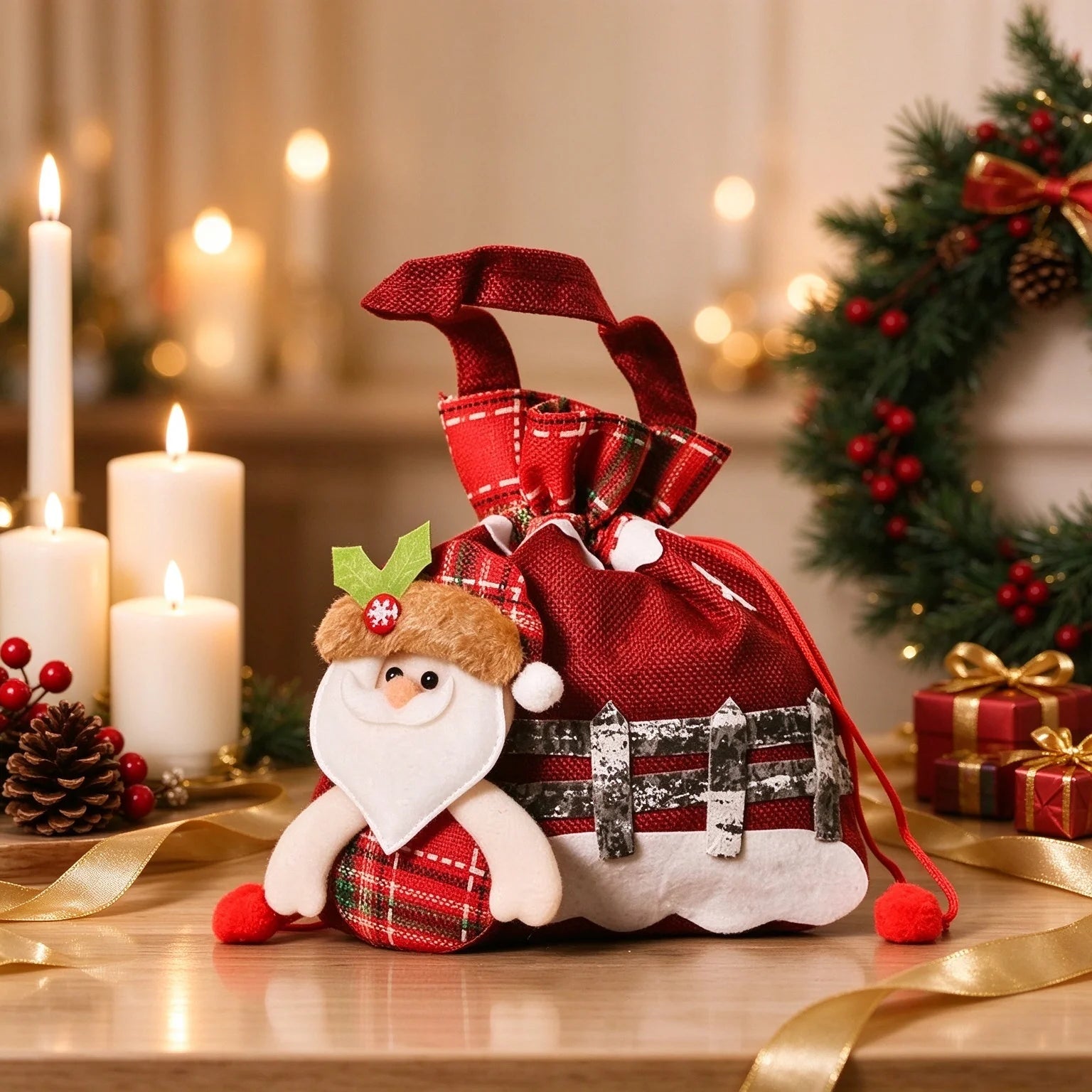 Christmas Drawstring Gift Bags — Reusable Fabric Pouch Set for Favors