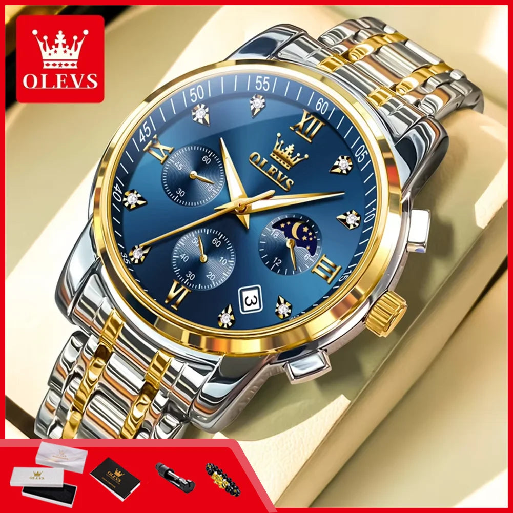 OLEVS 2858 Men's Luxury Watch — Stainless Steel Moon Phase Chronograph