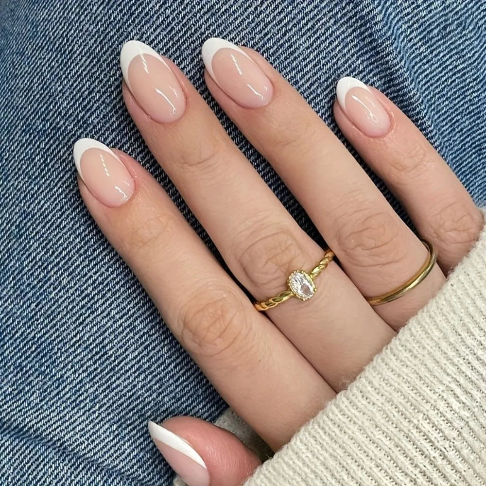 French Tip Press On Nails — Almond Shaped Full Cover Fake Nails