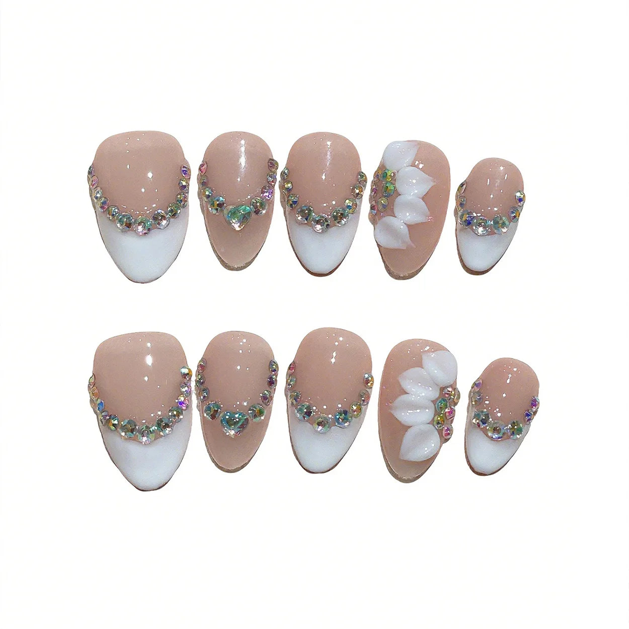 Handmade Short Almond Press On Nails — White and Nude Floral Nail Art Kit