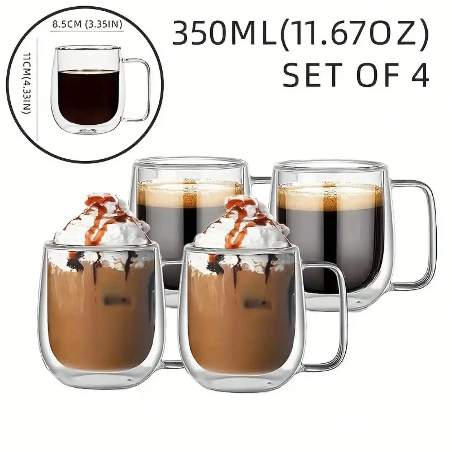 Double Walled Glass Coffee Cup Set — Insulated Transparent Drinkware, 4-Piece