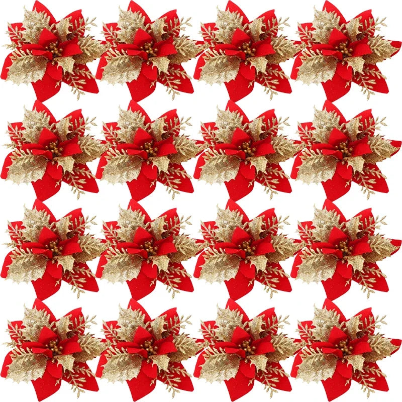 Glitter Artificial Poinsettia Flowers — Festive Holiday Tree Ornaments