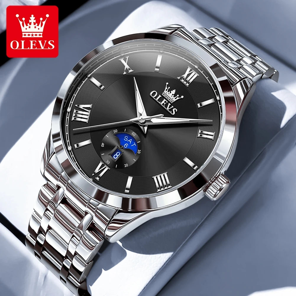 OLEVS 3638 Luxury Men's Quartz Watch — Stainless Steel with Day Date Display