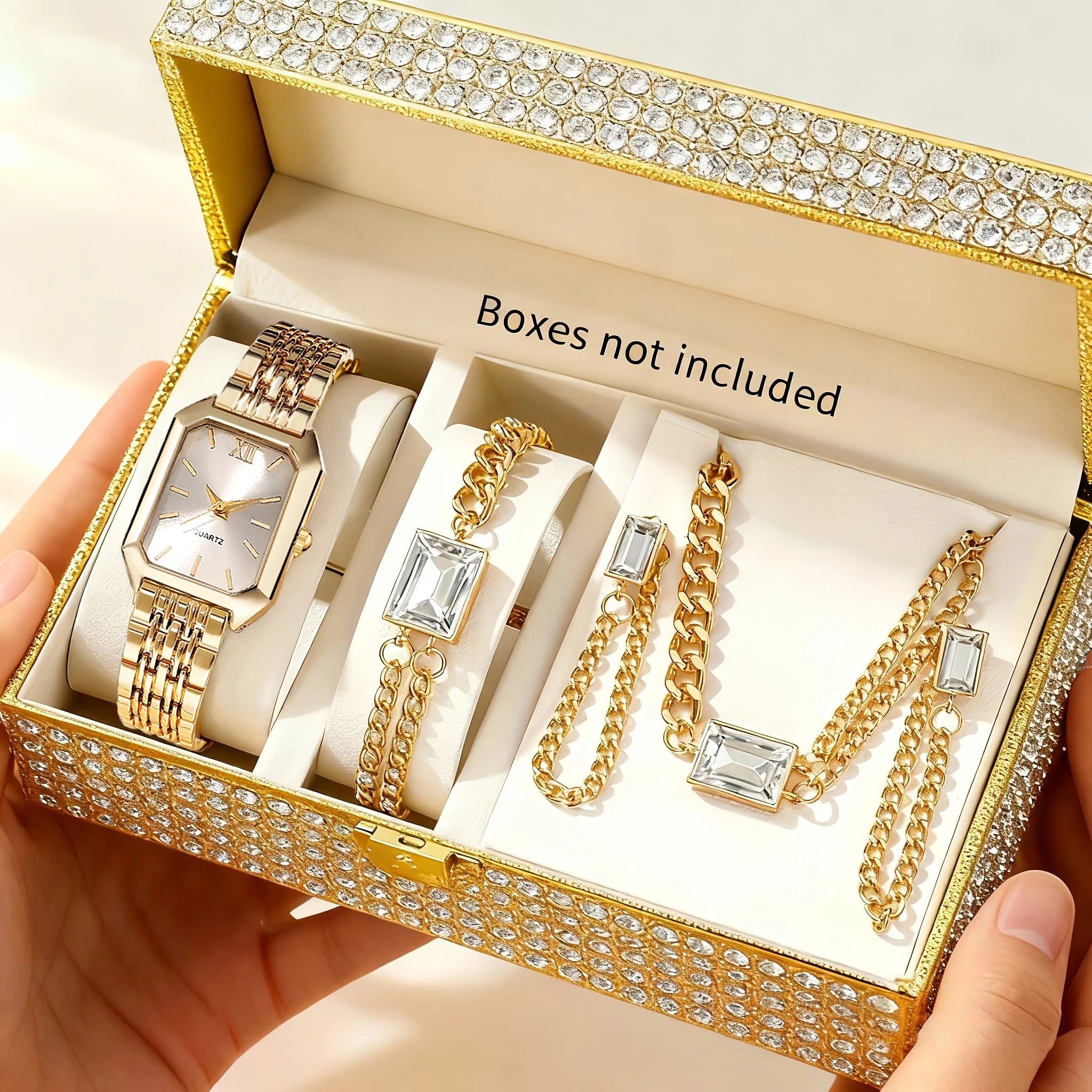 Elegant Rectangle Women's Quartz Watch Set — Fashionable Jewelry Accessory Kit