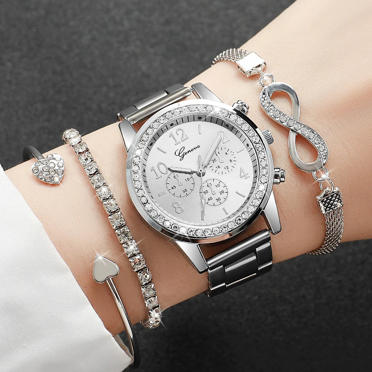 Women's Rhinestone Quartz Watch & Bracelet Set — Elegant Jewelry Accessory Kit