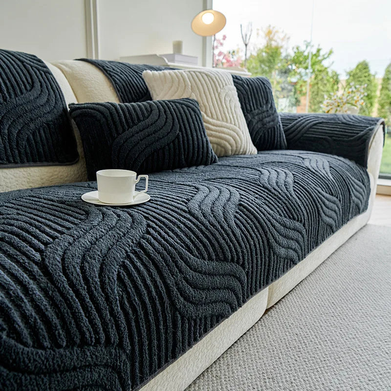 Plush Striped Sofa Cover — Non-Slip Thickened Furniture Protector