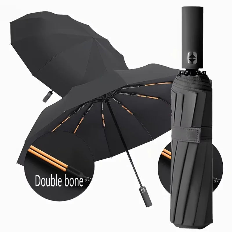 Automatic Three-Fold Umbrella — Windproof UV Protection with Black Coating
