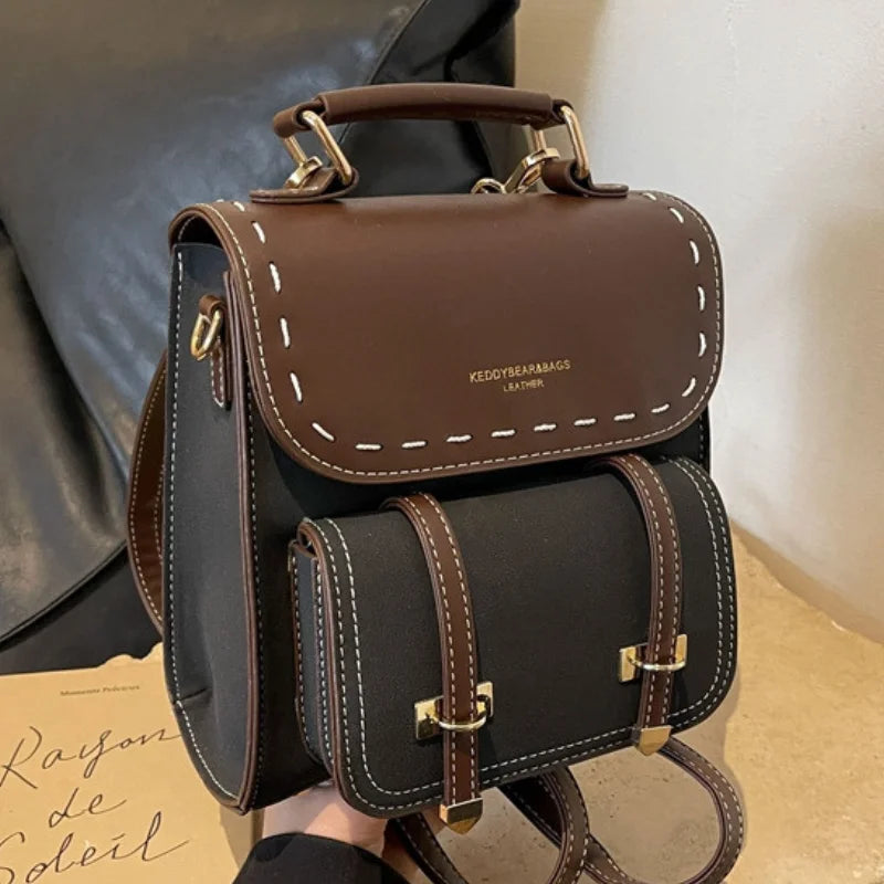 Women's Faux Leather Patchwork Backpack — Stylish Travel & School Bag