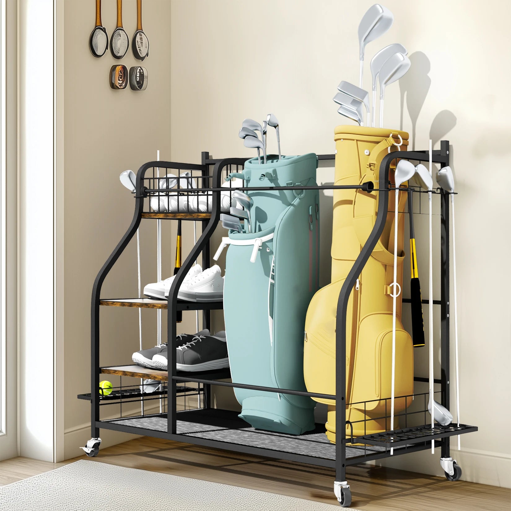 Multifunctional Rolling Golf Bag Organizer — Metal Sports Equipment Storage Rack
