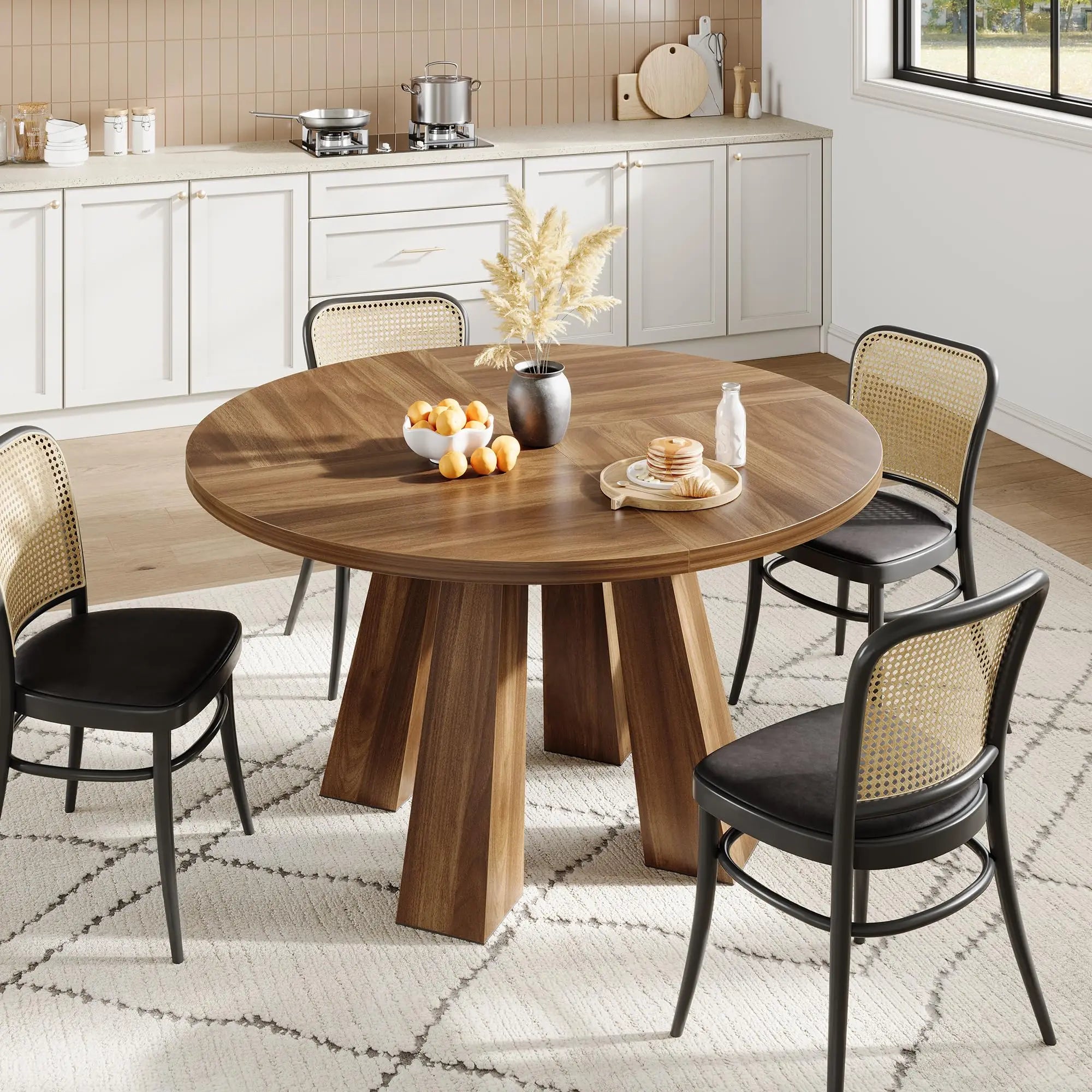 HiMISS 47 Inch Round Dining Table — Farmhouse Herringbone Wood Top