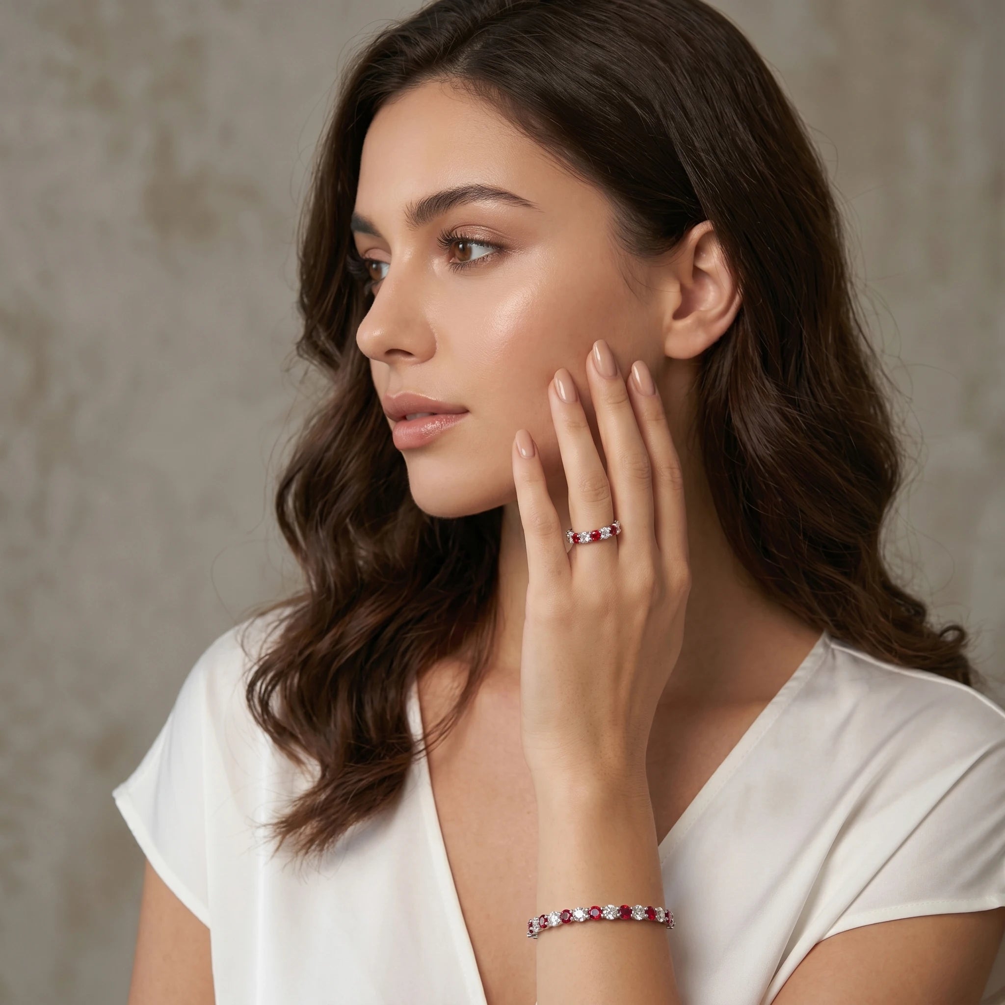 Moissanite and Lab Ruby Cocktail Ring — 925 Sterling Silver Pave Setting