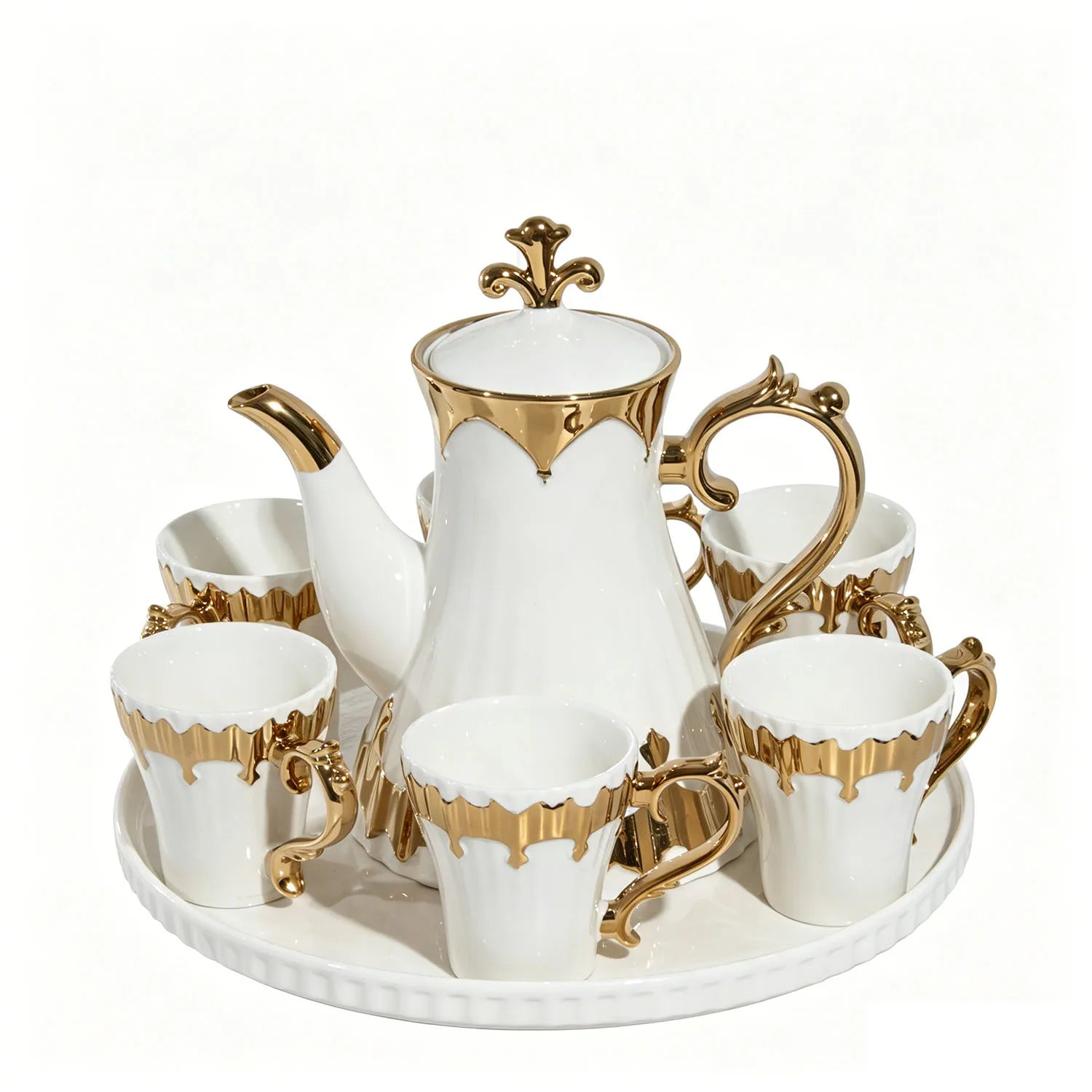 Luxury Porcelain Tea Set — Gilded Ceramic Teapot with 6 Cups and Tray