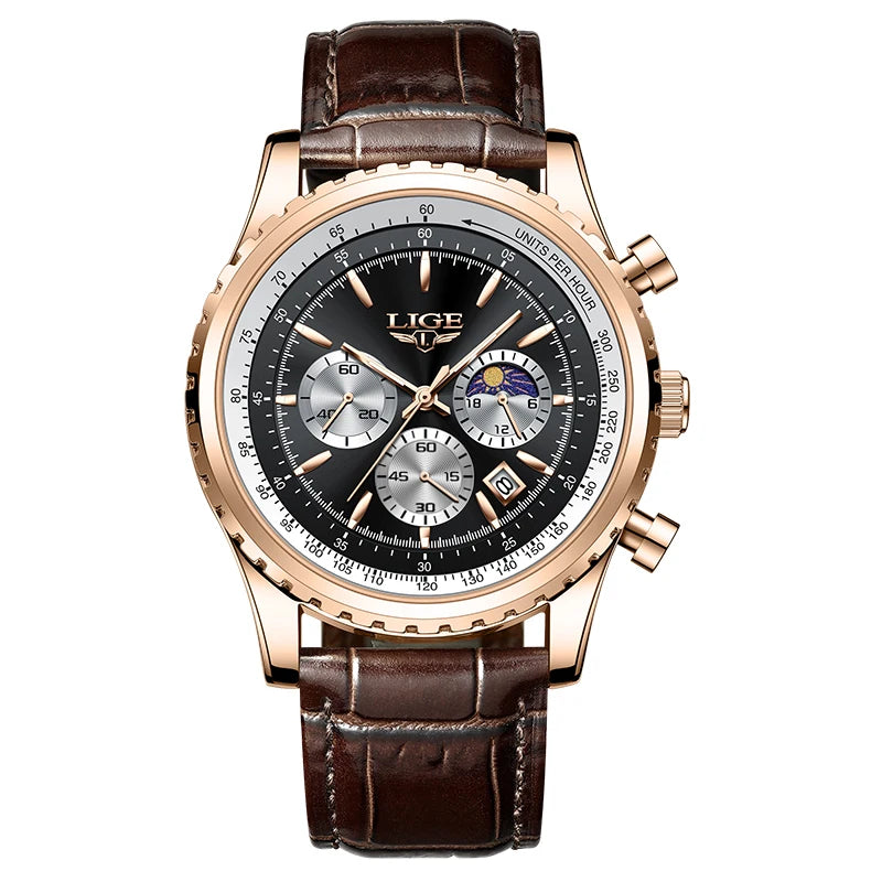 LIGE Luxury Men's Quartz Watch — Waterproof Leather Sport Chronograph