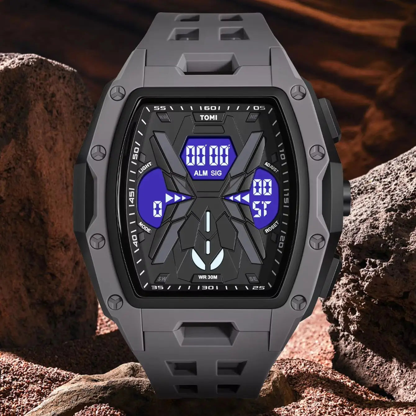 TOMI Men's Mecha Style Digital Watch — Breathable Silicone Sports Wristwatch