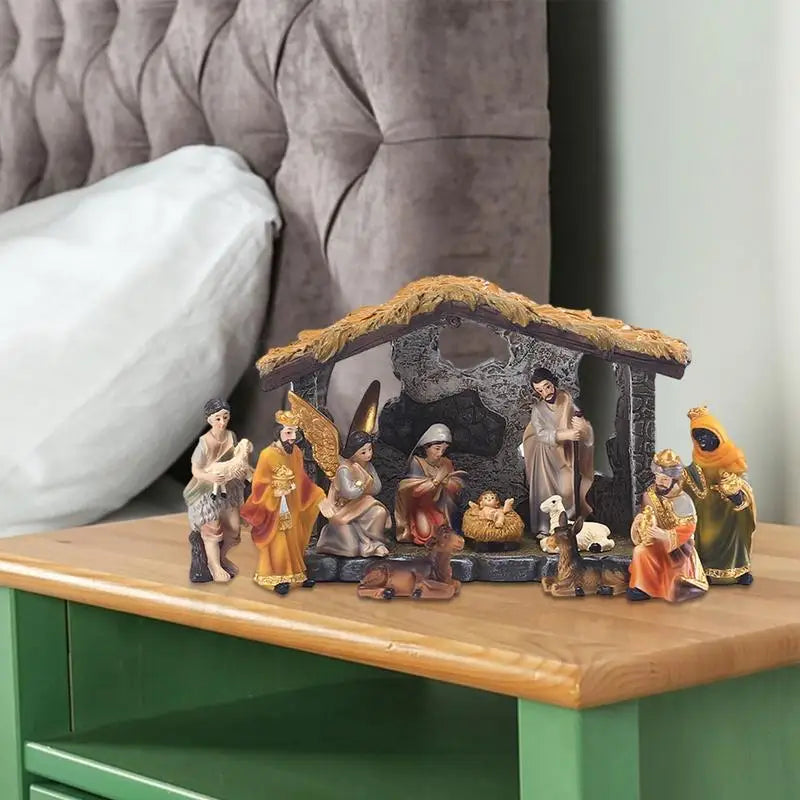 12-Piece Resin Nativity Scene Set — Hand-Painted Manger Tabletop Decor