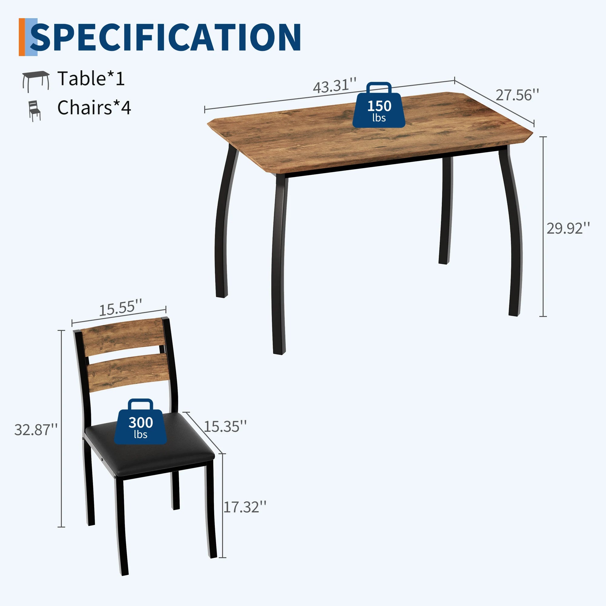 EliteZ 5-Piece Square Dining Table Set — Compact Farmhouse Design for Small Spaces