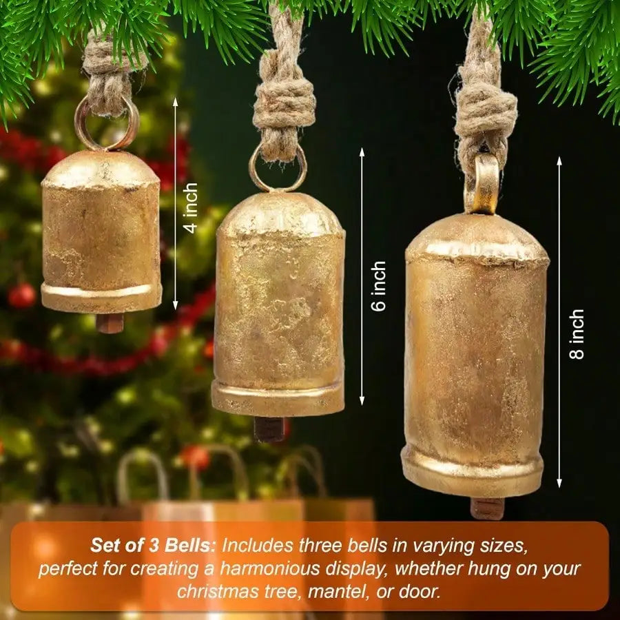 Rustic Gold Christmas Bells — Set of 3 Decorative Holiday Ornaments