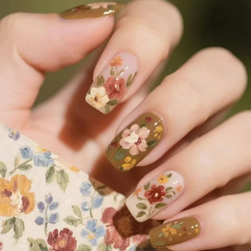 Pink Floral Press-On Nails — Short Almond French Tip Fake Nail Set