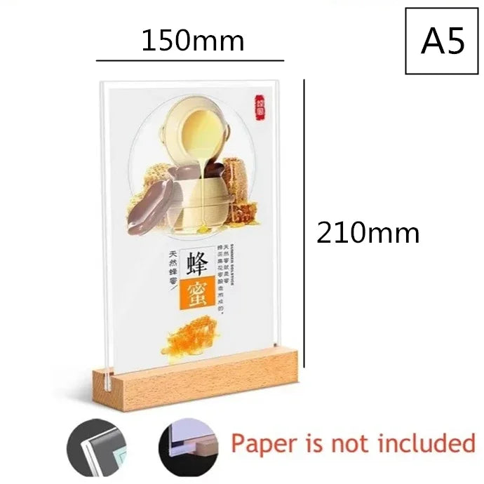 Acrylic Sign Holder with Wooden Base — Double-Sided Tabletop Display Stand