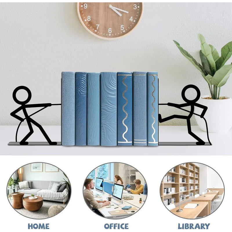 Metal Tug Of War People Bookends — Decorative Shelf Stoppers for Home Office