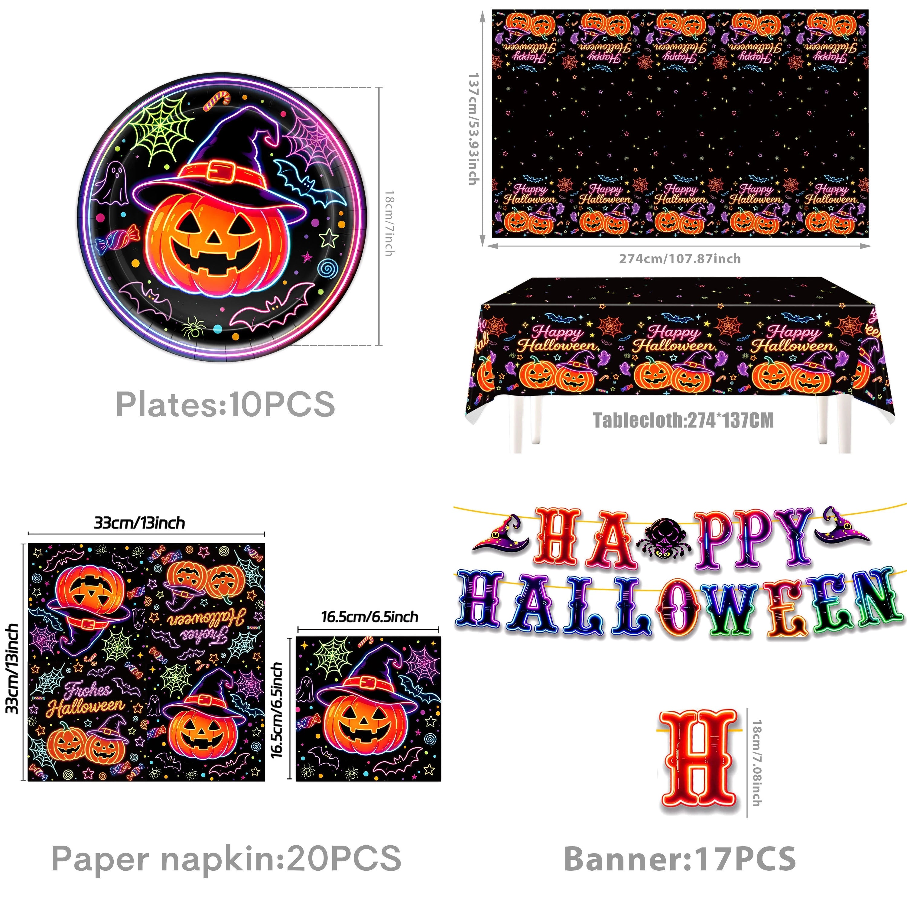 RENYUAN Neon Pumpkin Disposable Tableware Set — Festive Party Decor