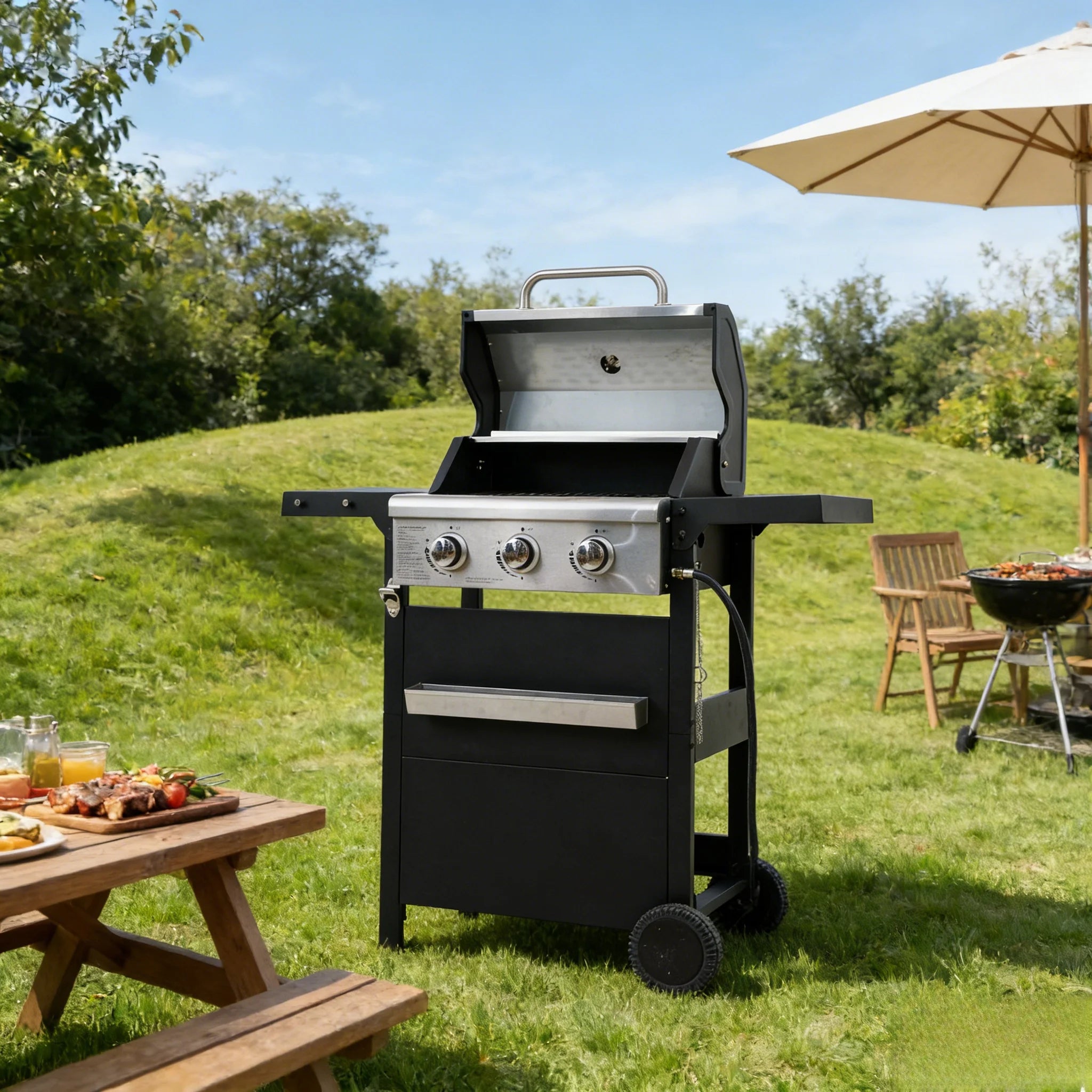 Stainless Steel 3-Burner Propane Grill — Compact Outdoor Gas Barbecue