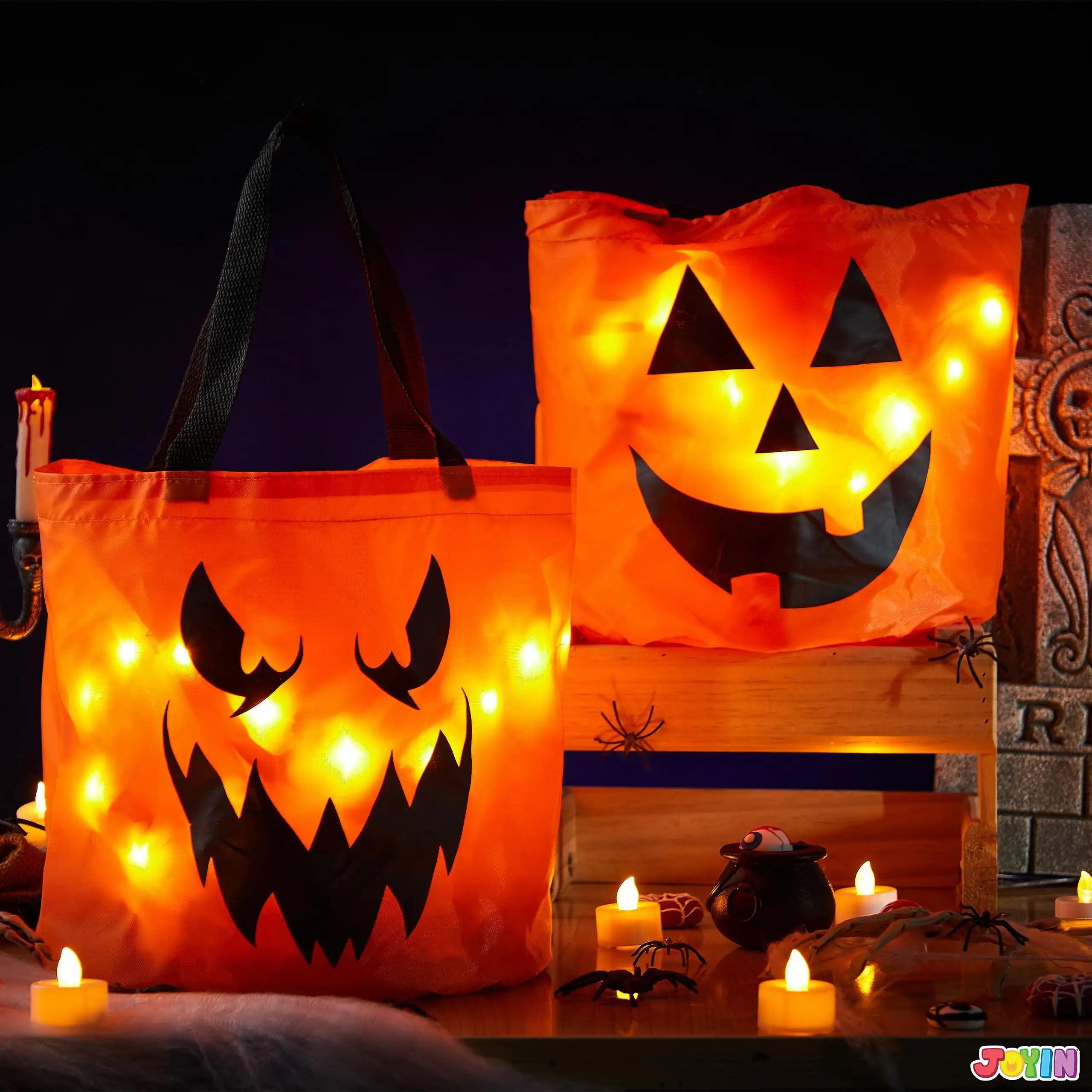 Joyfy LED Pumpkin Candy Buckets — Light-Up Trick or Treat Bags, 2 Pack