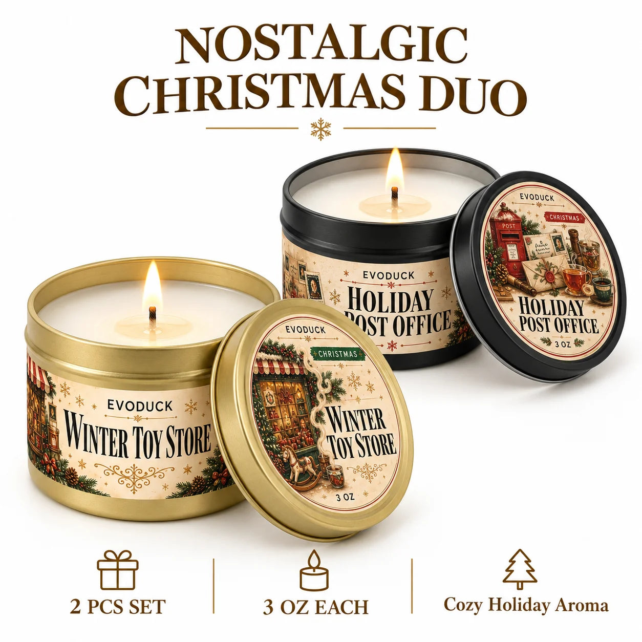 EVODUCK Vanilla Amber Cashmere Candle — Warm Scented Holiday Tin