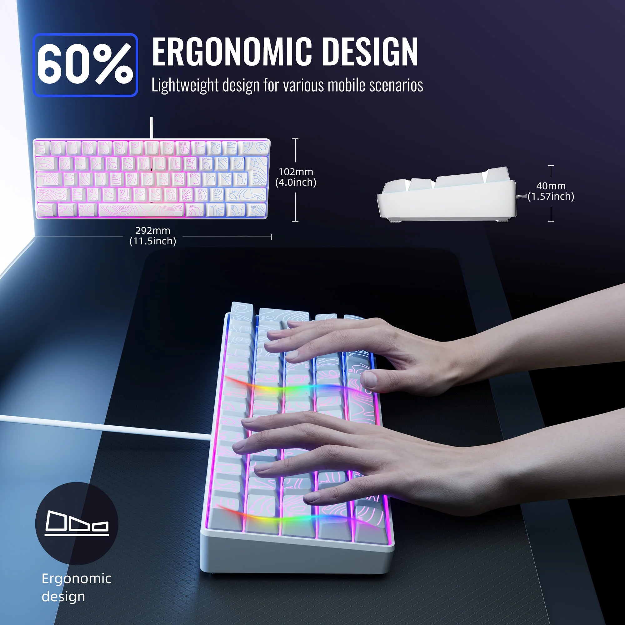 7KEYS 60% Compact Wired Keyboard — RGB Backlit Membrane Keys, White