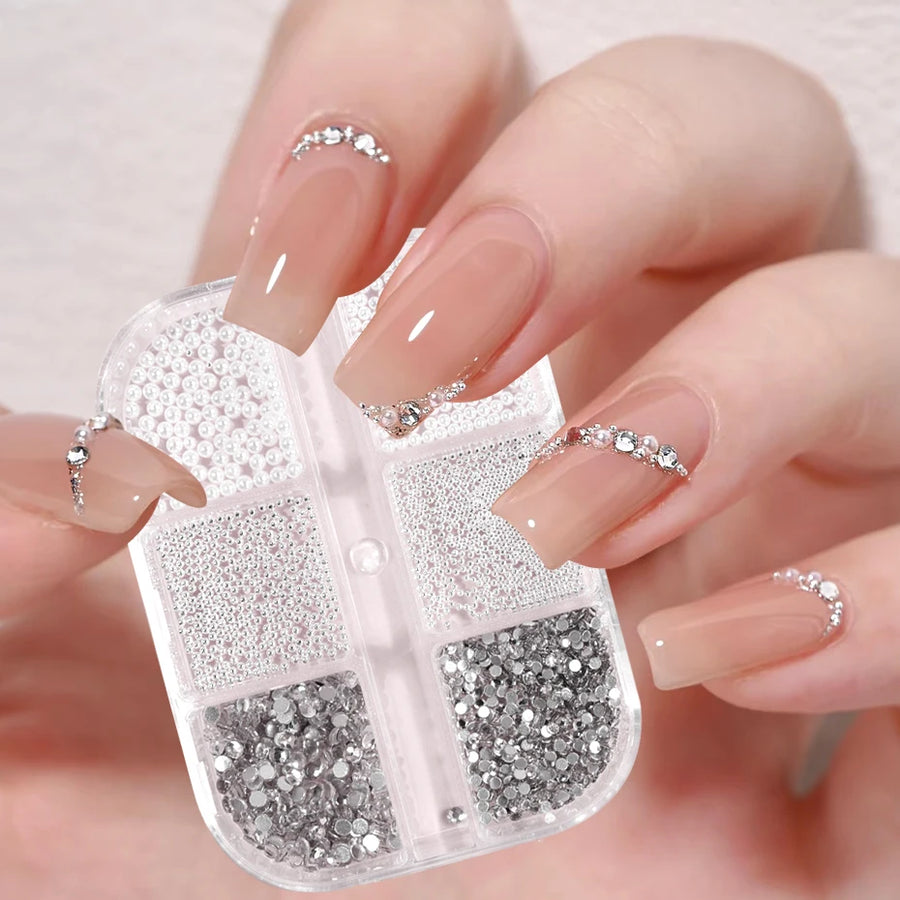 6 Grid Nail Art Rhinestones — White Round Pearl & Steel Bead Decoration
