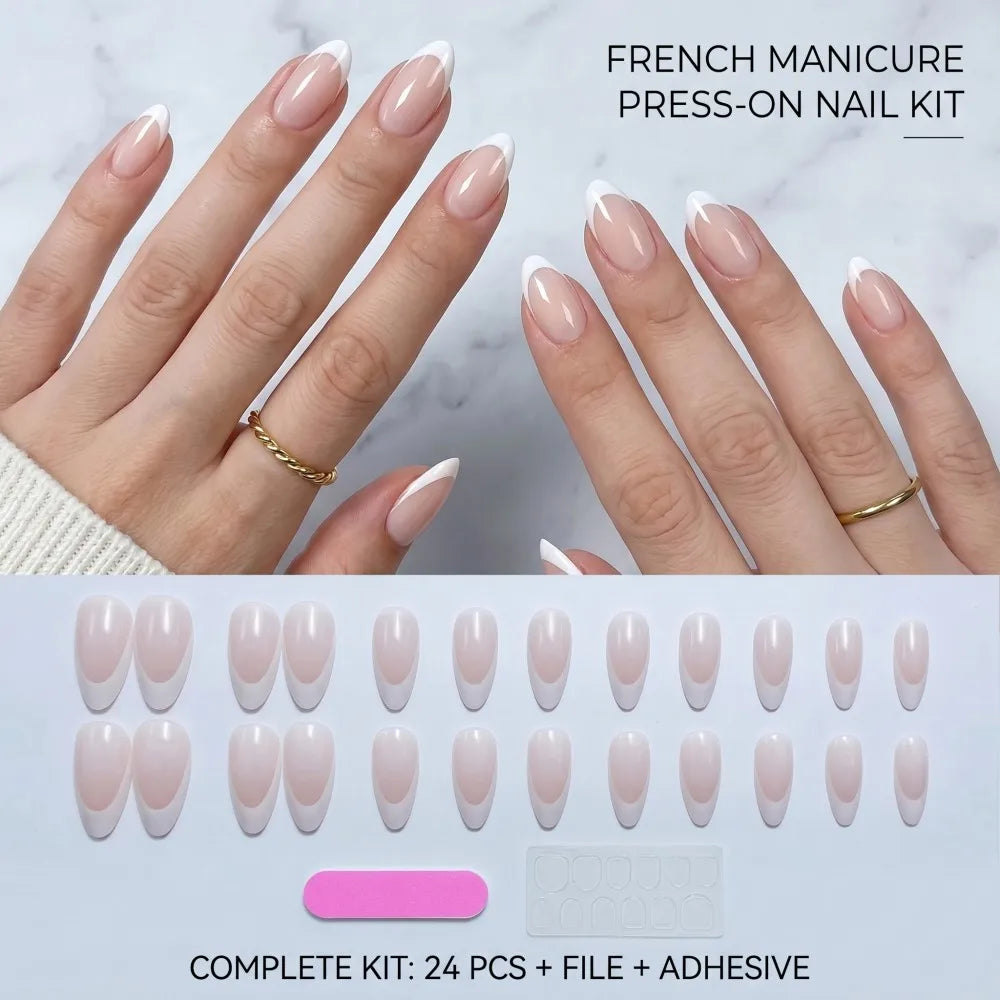 French Tip Press On Nails — Almond Shaped Full Cover Fake Nails